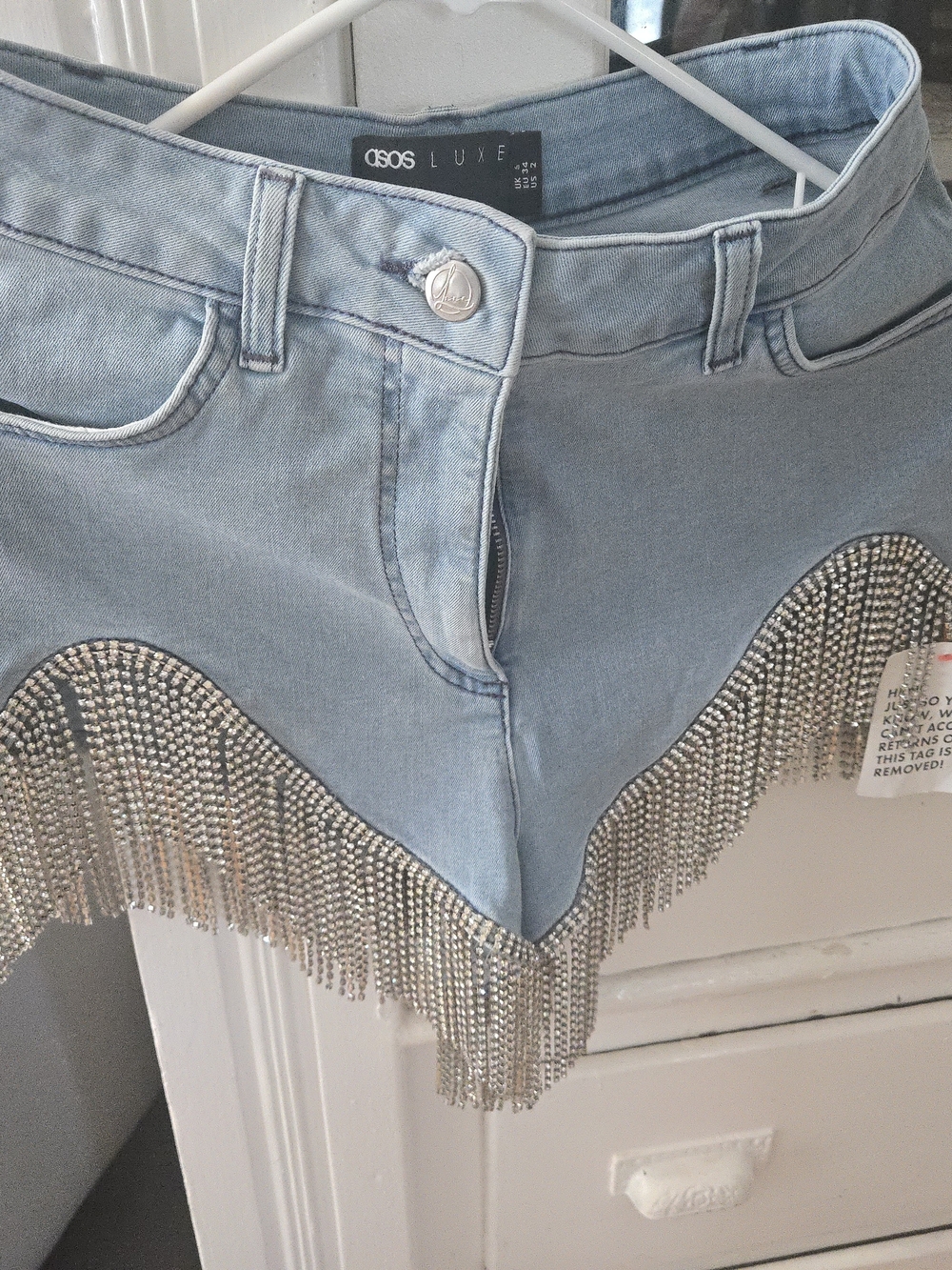 Light Blue Denim Shorts with Silver Fringe